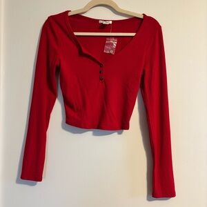 Red Long Sleeve Buttoned Women's Crop Top